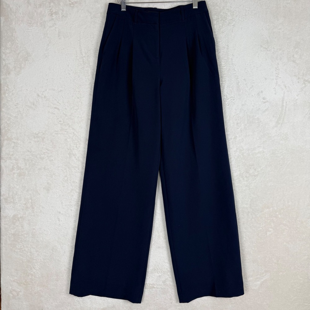 Wide Leg Pleated High Rise Trousers Navy Blue Career Pants Office Wear Size 2
